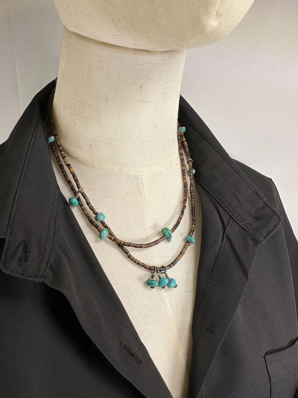 Vintage Southwestern Heishi Turquoise Nugget Dangle Necklace Layered Strand